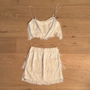 Elegant Cream Fringe Skirt Set